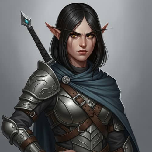 Female Half-Elf Rogue with Black Hair and Golden Eyes