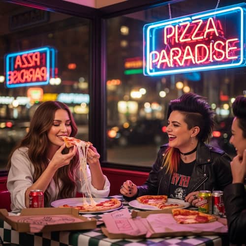 Vibrant Pizzeria Dinner Scene with Pop Singer Style