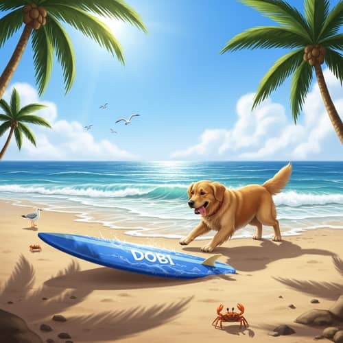 Dobi Golden Retriever Chasing Blue Surfboard at Tropical Beach