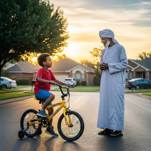 6-Year-Old Sudanese Boy Riding Bicycle in Suburban District
