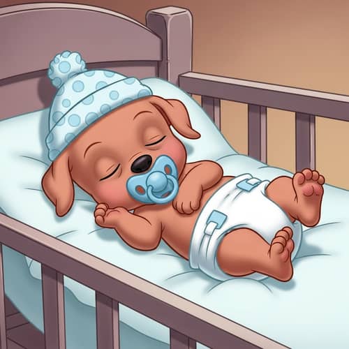 Cartoon Newborn Puppy in Diapers Sleeping in Crib