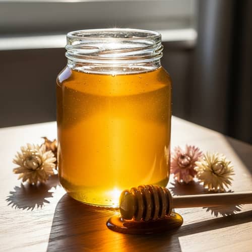 Golden Honey Jar on Wooden Table | Serene Scene with Honey Dipper