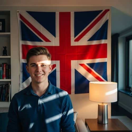 Young British Man with Union Jack Flag in Modern Home