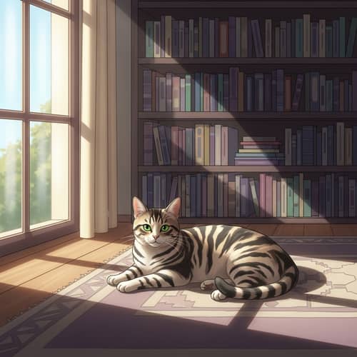 Tranquil Tabby Cat Relaxing in Sunlit Room | Cozy Setting