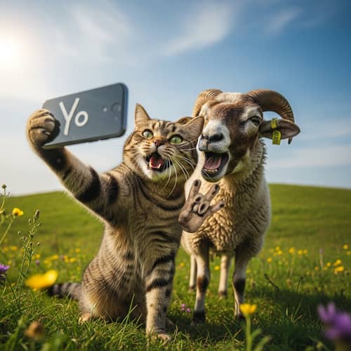 Hyperrealistic Cat and Sheep Selfie Outdoors | Photography Art