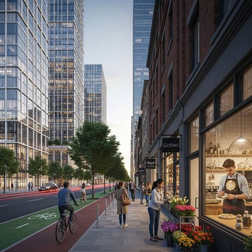 Bustling Urban Streetscape: Skyscrapers, Shops, and Cyclists