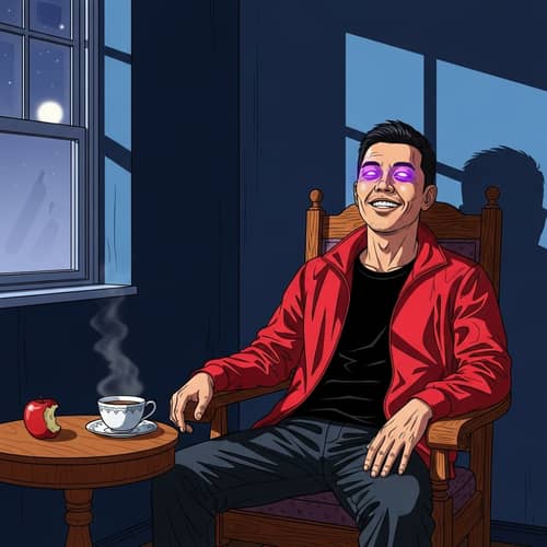 Colorful Asian Man in Vibrant Red Jacket Sitting in Dimly-Lit Room