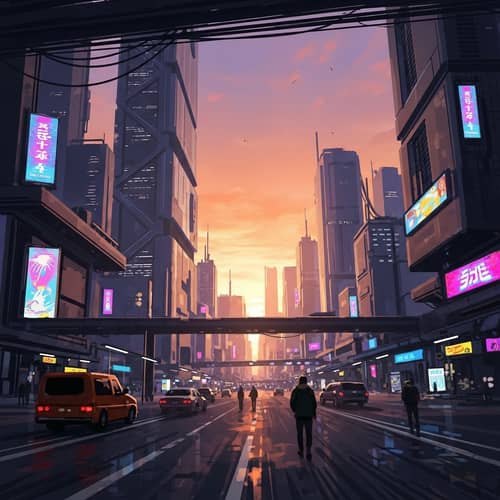 Futuristic Cyberpunk Cityscape at Sunset | Vibrant Impressionist Scene