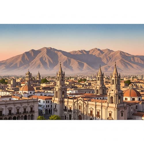 Watercolor Painting of Arequipa Cityscape with Majestic Mountains
