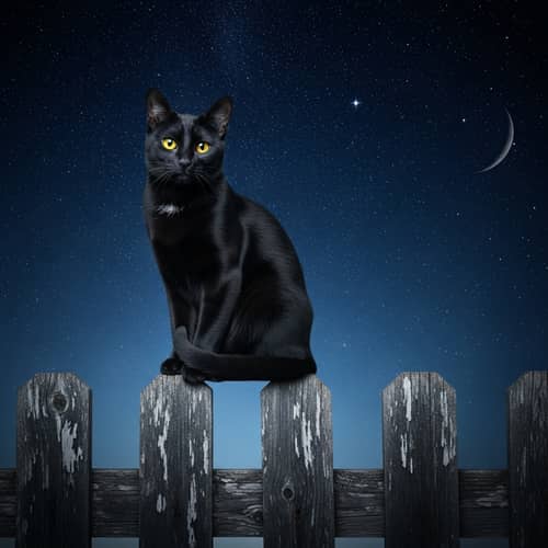 Graceful Black Cat on Wooden Fence | Night Sky & Stars