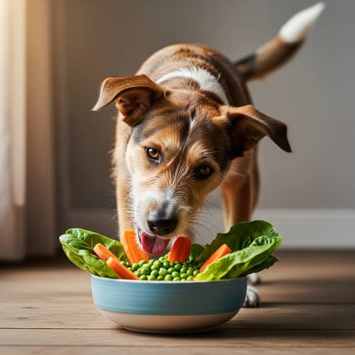 Happy Medium-Sized Dog Eating Fresh Vegetables