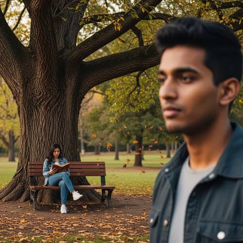 Unrequited Love Scene: Longing Man Observing Woman in Park