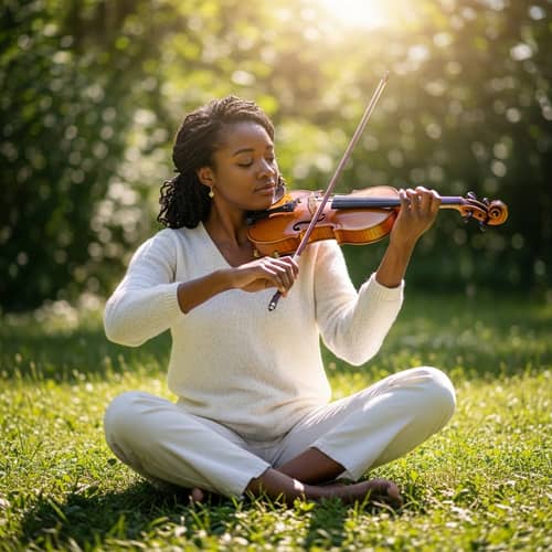 Tranquil Scene in Nature with Young Black Woman Playing Violin
