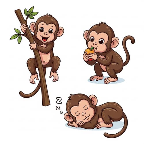 Playful Baby Monkey Illustrations | Delightful Poses in Color