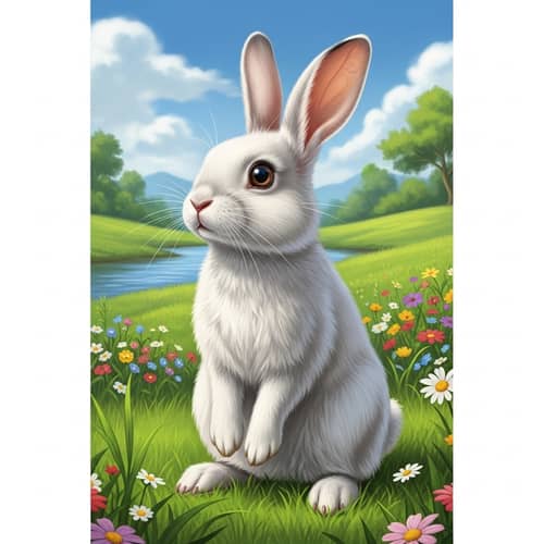 Female Rabbit in Idyllic Field | White Fur, Brown Eyes