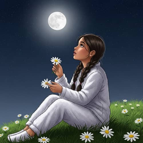Cute Hispanic Girl Admiring Full Moon | Night Sky Sketch