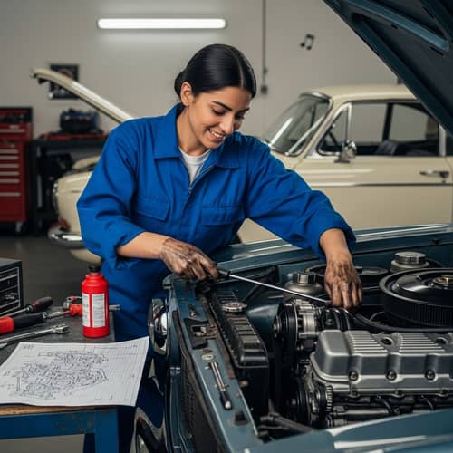 Skilled Female Middle-Eastern Mechanic Restores Vintage Car