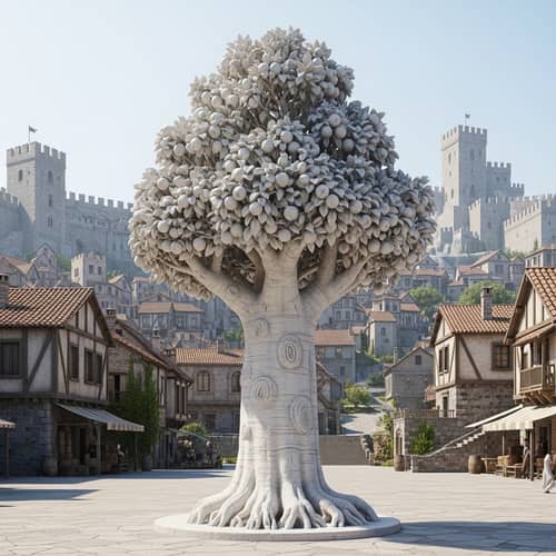 Apple Tree Marble Statue in Medieval City | Charming Artistry