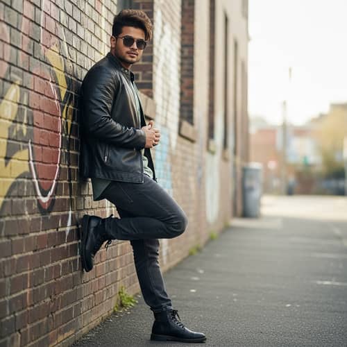 Stylish South Asian Young Adult by Graffiti Brick Wall