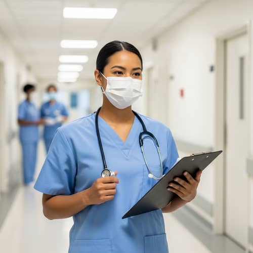 Professional Middle-Eastern Nurse in Light Blue Scrubs
