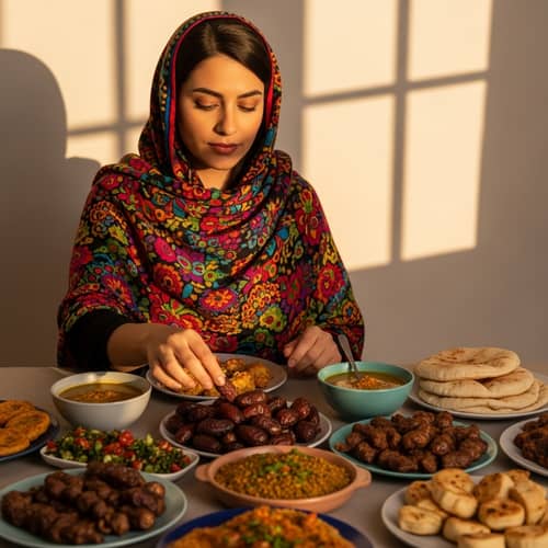Hispanic Woman Reaching Ripe Date on Iftar Spread