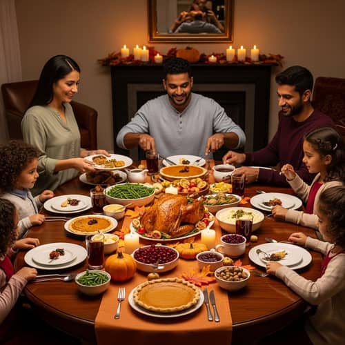 Tranquil Thanksgiving Scene with Feast and Diverse Family Gathering
