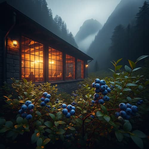 Tranquil Mountain Café: Glow of Blueberries in Warm Lights