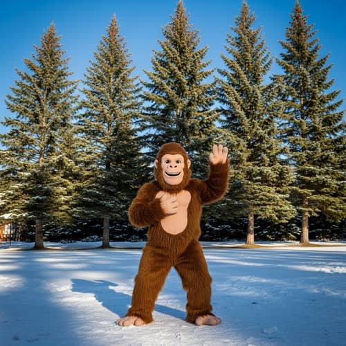 Friendly Sasquatch High School Mascot Cheers in Snowy Landscape