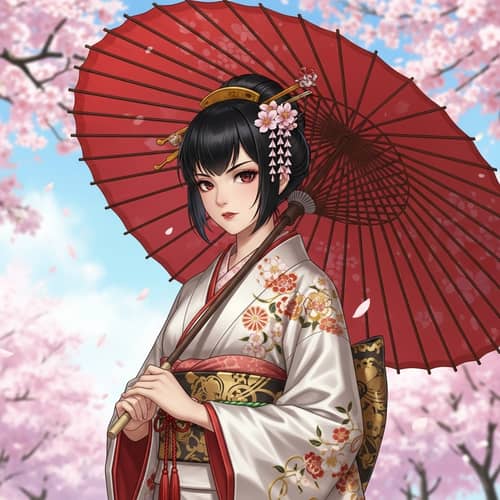 Fantasy Anime Girl in Silk Kimono | Serene Cherry Blossom Scene