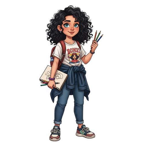 Adorable 13-Year-Old Middle-Eastern Girl with Curly Hair and Sketchpad