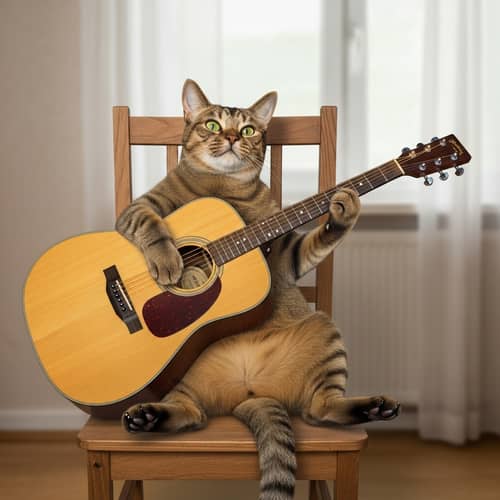 Adorable Domestic Short-Hair Cat Playing Acoustic Guitar