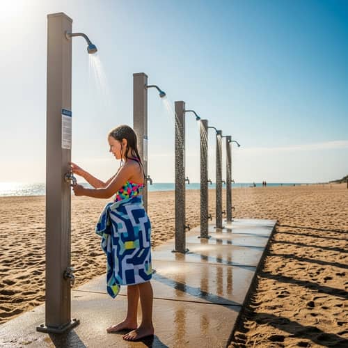 Nine-Year-Old Girl Outdoor Shower | Colorful Swimsuit