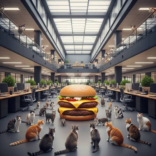 High-Tech Office Filled with Cats and a Giant Cheeseburger