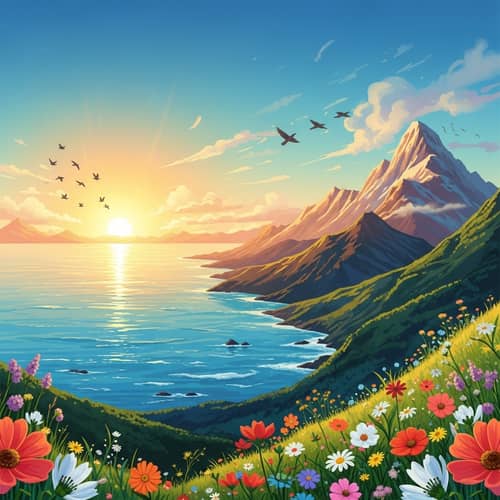 Inspiring Sunrise Over Tranquil Ocean | Mountain Sunset