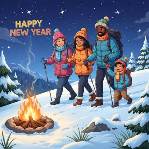 Celebrate New Year: Diverse Family Hiking in Snow - Joyful Scene
