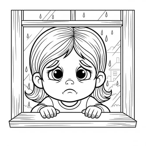 Cartoon Coloring Page of Sad Child Looking Out Window