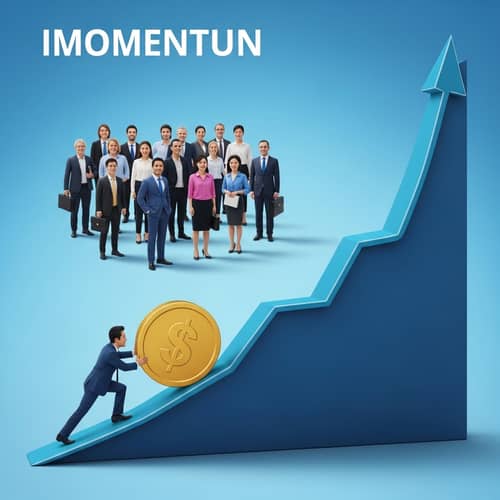Diverse Investors Propel Momentum: Hispanic Man Pushing Giant Coin Up 3D Graph