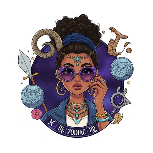 Cartoon Style Diverse Girl with Zodiac-Inspired Accessories