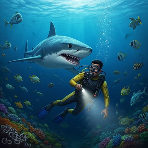 Realistic Shark Attack on Scuba Diver Under the Sea