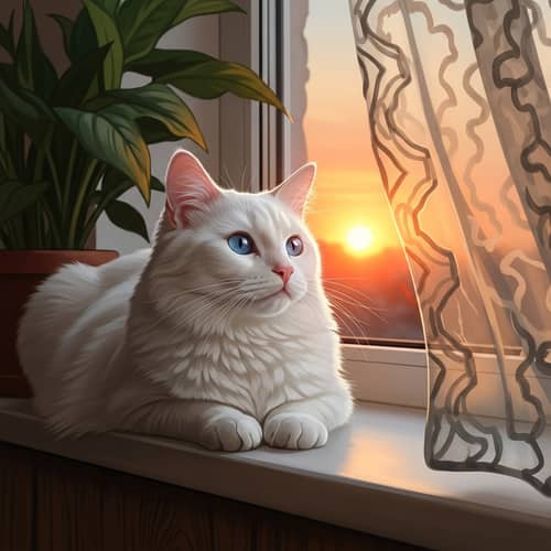 Elegant White Cat Artwork | Tranquil Sunset Scene