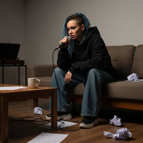 Depressed Caucasian Female Rapper in Dimly Lit Room