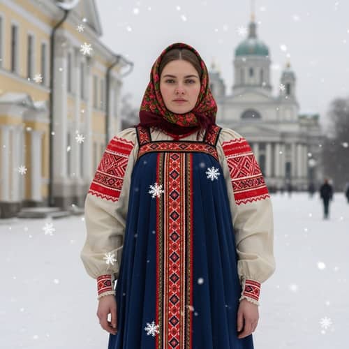 Traditional Russian Folklore Evening Dress in Winter Scene