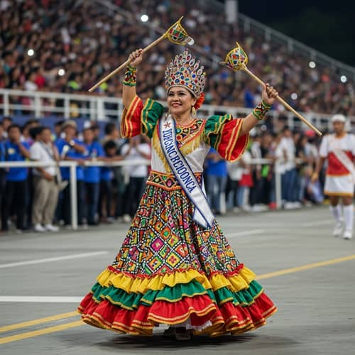 Sinulog Festival Queen in Cebu: Vibrant South Asian Woman Dancing with Bolos