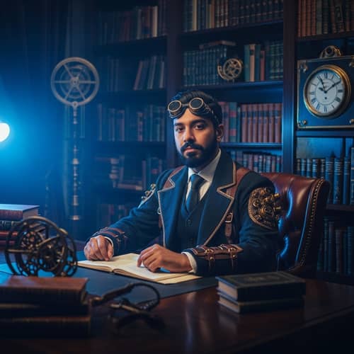 Steampunk Gentleman Among Vintage Books in Forward-Thinking Office