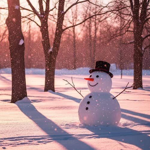 Pink Snow Winter Scene with Snowman