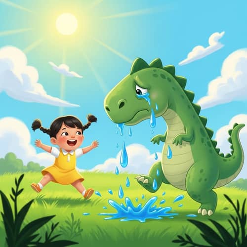 Asiatic Girl Chasing Sad Green Dinosaur | Illustration