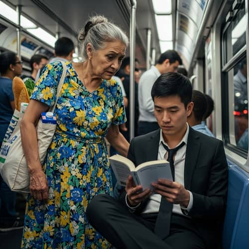 Distracted Commuter in Train Ignores Elderly Woman - Social Awareness