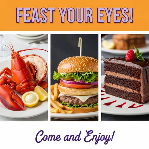 Vibrant Food Flyer: Feast Your Eyes on Lobster, Burger, and Cake
