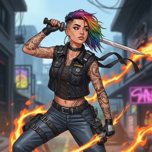 Fiery Cyberpunk Woman: Vibrant Hair & Intricate Tattoos | Digital Art