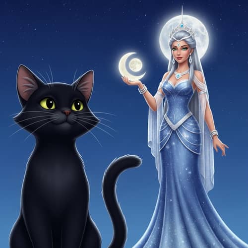 Majestic Black Cat and Moon Goddess Harmony